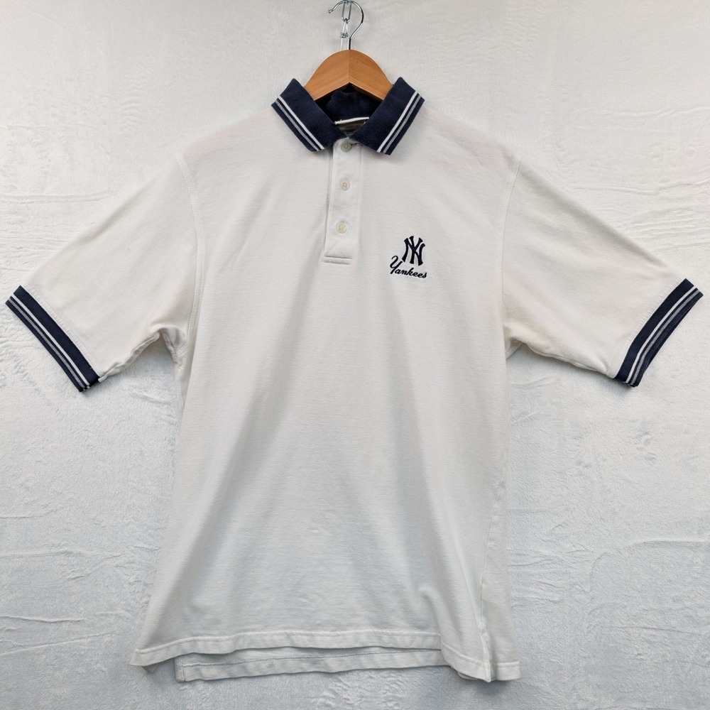 VTG NY Yankees Lee Sport Polo Shirt Men's L White Navy MLB Baseball Preppy Y2K